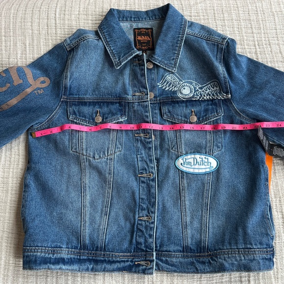 NEW Size Large Von Dutch Womens Cotton Denim Logo Patch Y2K Trucker Jacket - Picture 9 of 10